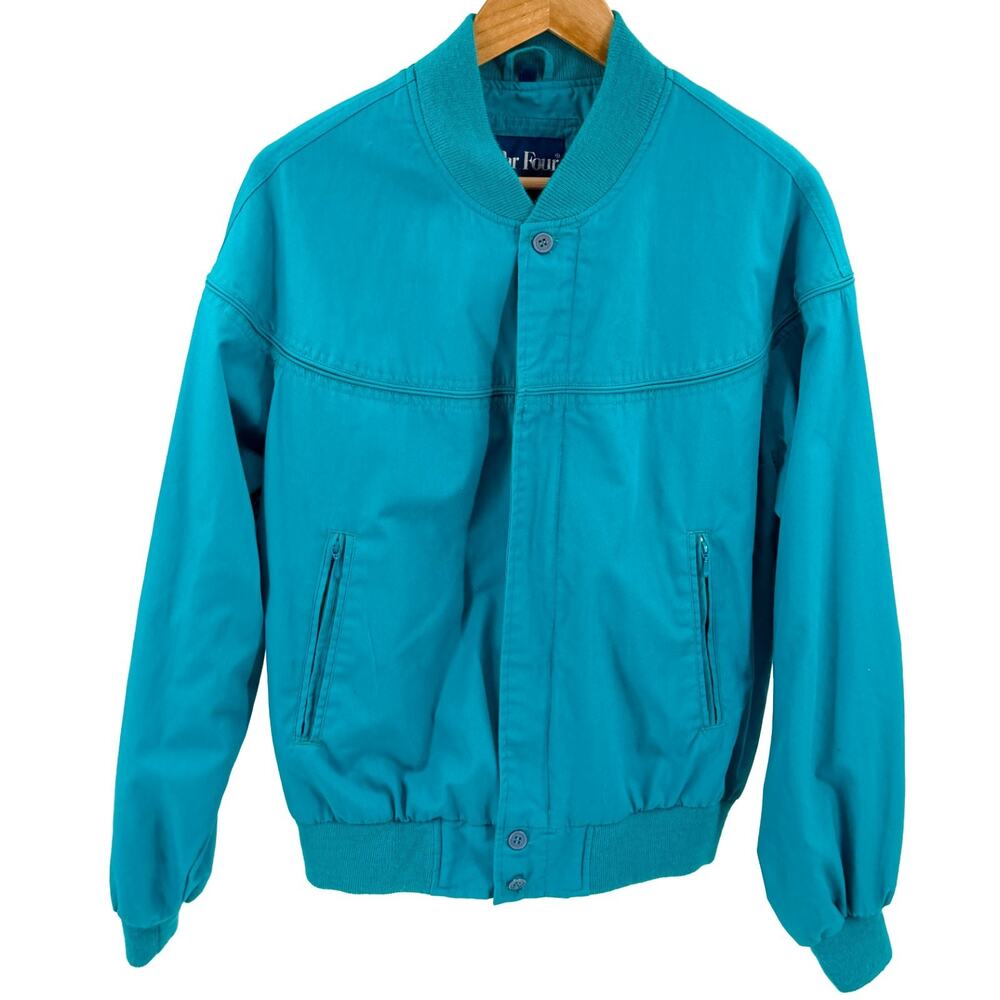Vintage 80s Par Four Teal Golf Jacket Knit Trim Zip Pockets